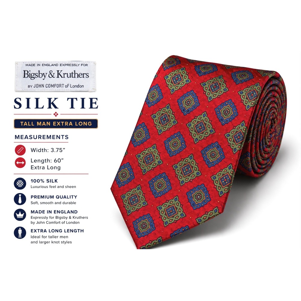Bigsby & Kruthers London Red Silk Geometric Medallion Tie England 3.75"L 60"L